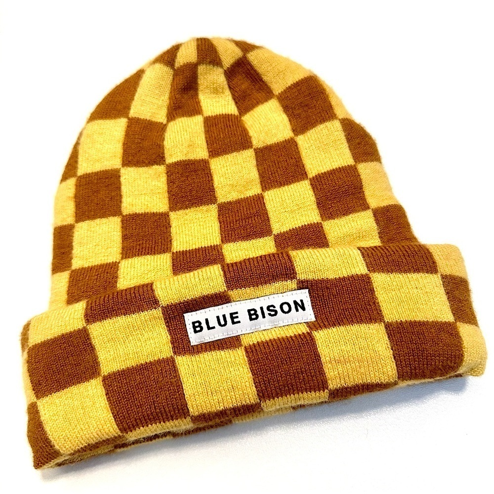 BLUE BISON MERINO WOOL BLEND TOQUE Beanie Checkerboard Print